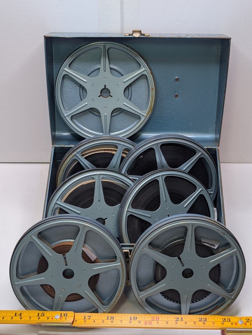 Vintage Super 8 Film Reels With Blue MetalStorage Case Unviewed Mystery Footage